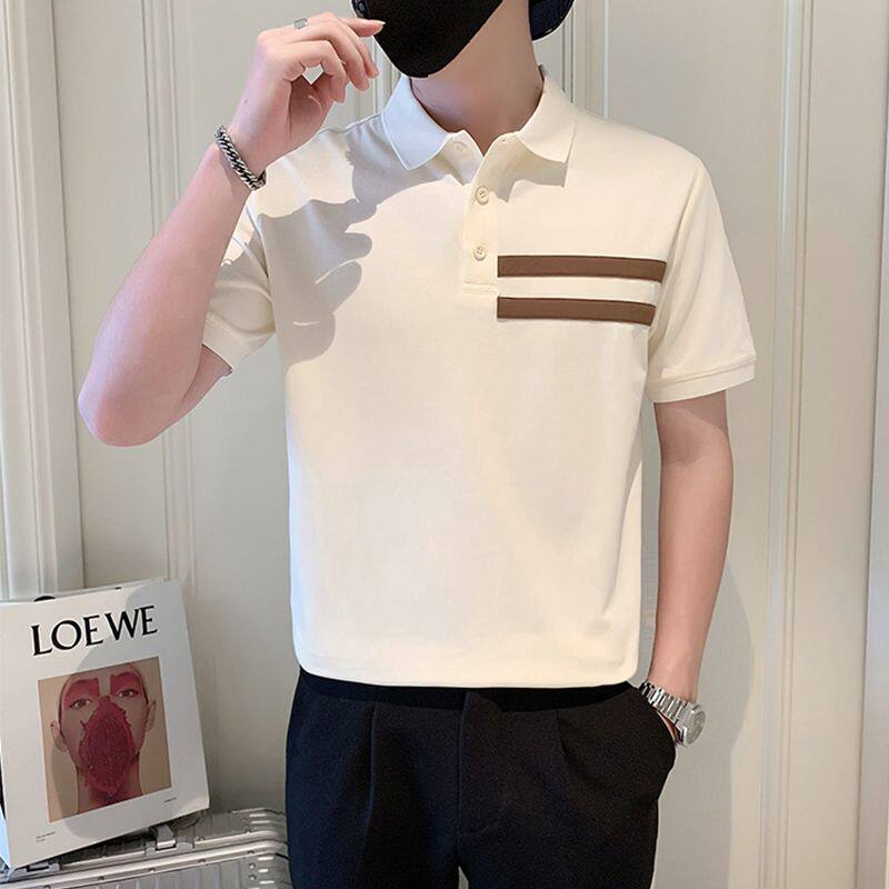 黑白撞色POLO衫短袖男士痞帅条纹翻领t恤潮牌夏季高级感修身半袖