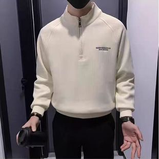 半拉链卫衣男加绒加厚半高领打底衫长袖白色体恤秋冬季内搭T恤潮t