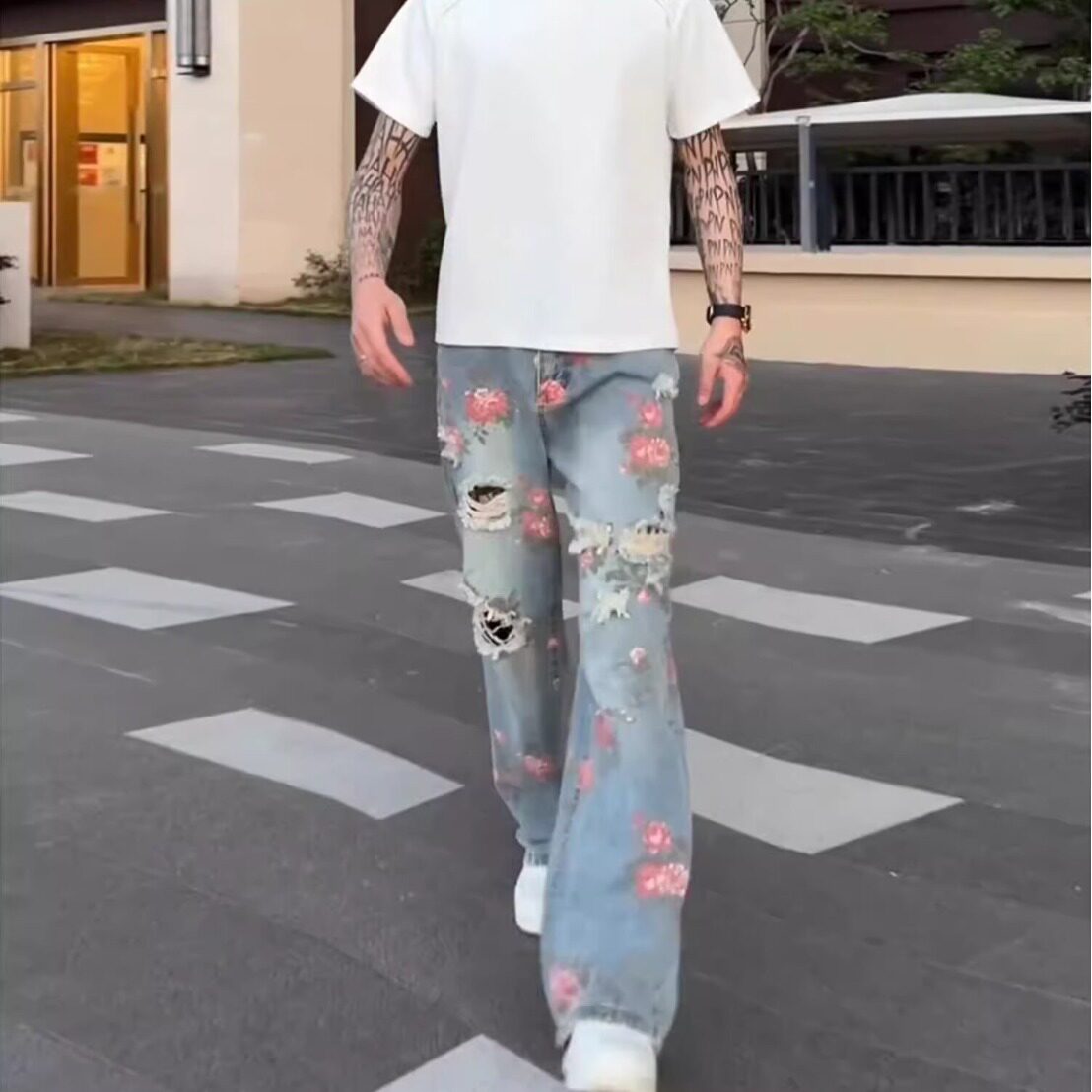 玫瑰花破洞牛仔裤男款夏季美式高级感裤子潮牌痞帅炸街微喇直筒裤