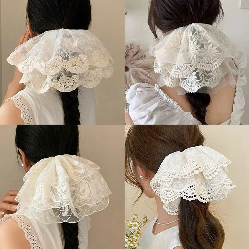 温柔花边白色蕾丝大肠发圈女生韩系超大号头花感头绳发饰