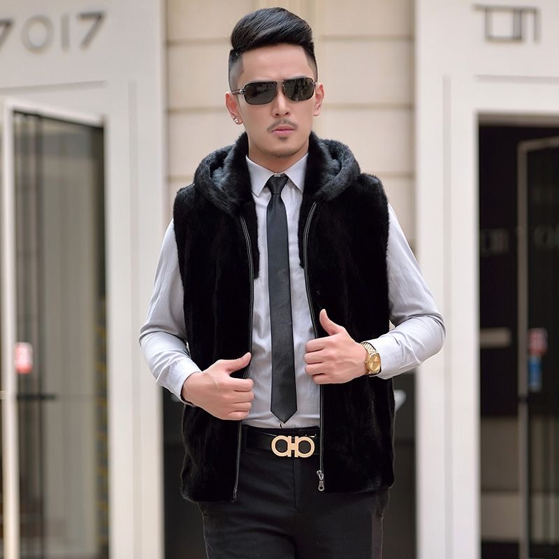 冬季男士马甲纯黑仿貂水貂毛连帽背心坎肩貂皮大衣裘皮皮草外套潮,男装,皮草,淘宝优惠券,粉丝福利购,淘宝优惠卷
