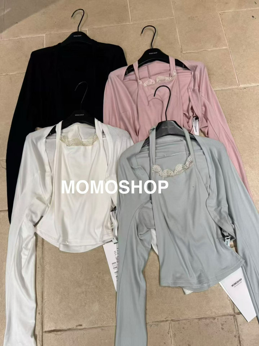【MOMOSHOP】短款简约莱赛尔开衫+挂脖蕾丝刺绣背心两件套套装