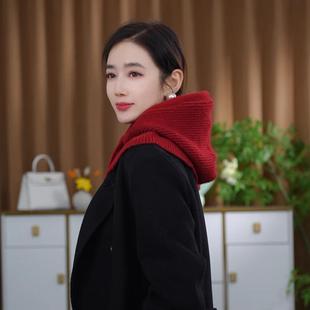 时尚针织克拉克拉法帽子围脖一体带纽扣女秋冬韩版保暖护耳包头帽