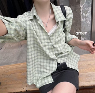 格子衬衫 春夏高品质翻领绿色防晒长袖 宽松百搭 女装 韩国东大门正品