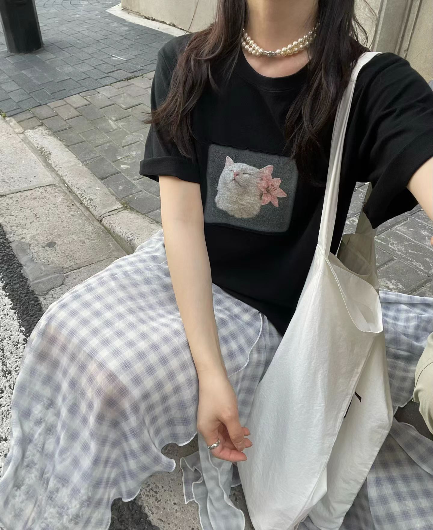 韩国东大门正品女装时尚百搭圆领短袖猫咪T恤宽松显瘦上衣小版型