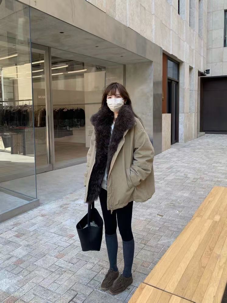 韩国东大门正品女装秋冬高品质羊毛翻领宽松显瘦派克服外套羽绒服