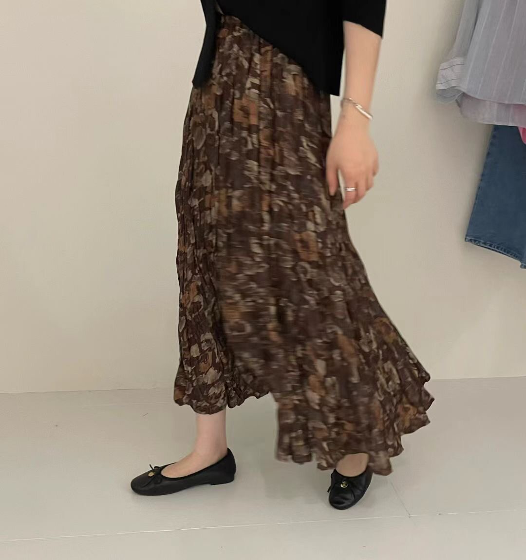 现!韩国东大门正品女装2025新款百搭高腰显瘦印花半身裙百褶长裙
