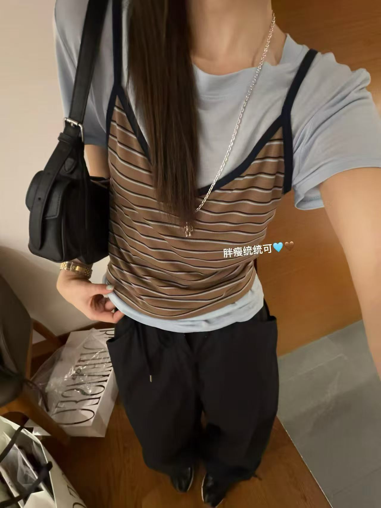 韩国东大门正品女百搭条纹吊带背心假两件套宽松显瘦T恤修身显瘦