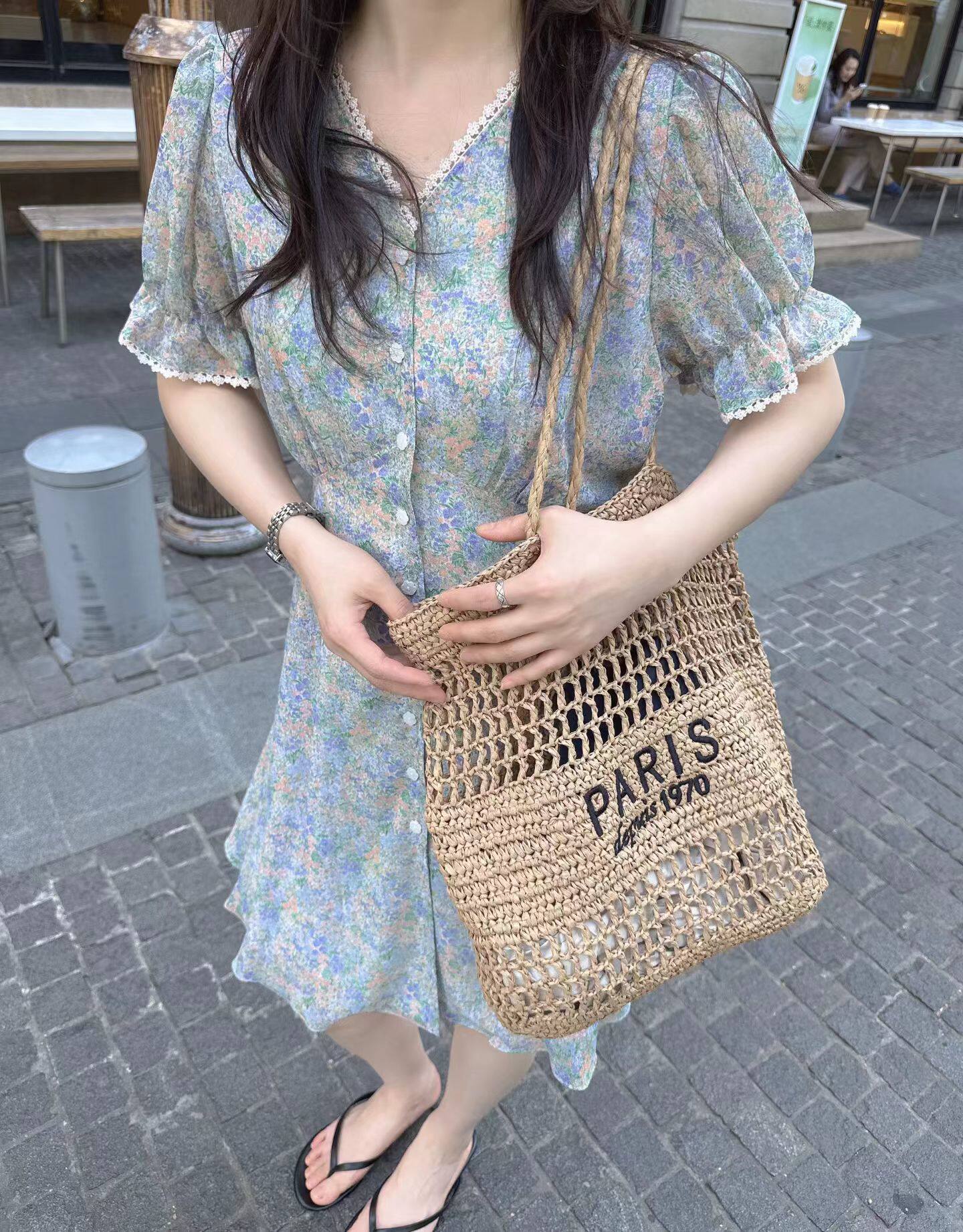 韩国东大门正品女装百搭V领短袖碎花连衣裙宽松显瘦精致裙子ins