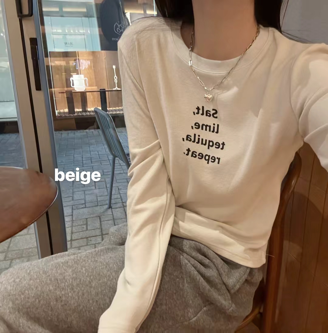 韩国东大门正品领宽松纯色高品质字母印花长袖T恤打底衫磨毛加厚