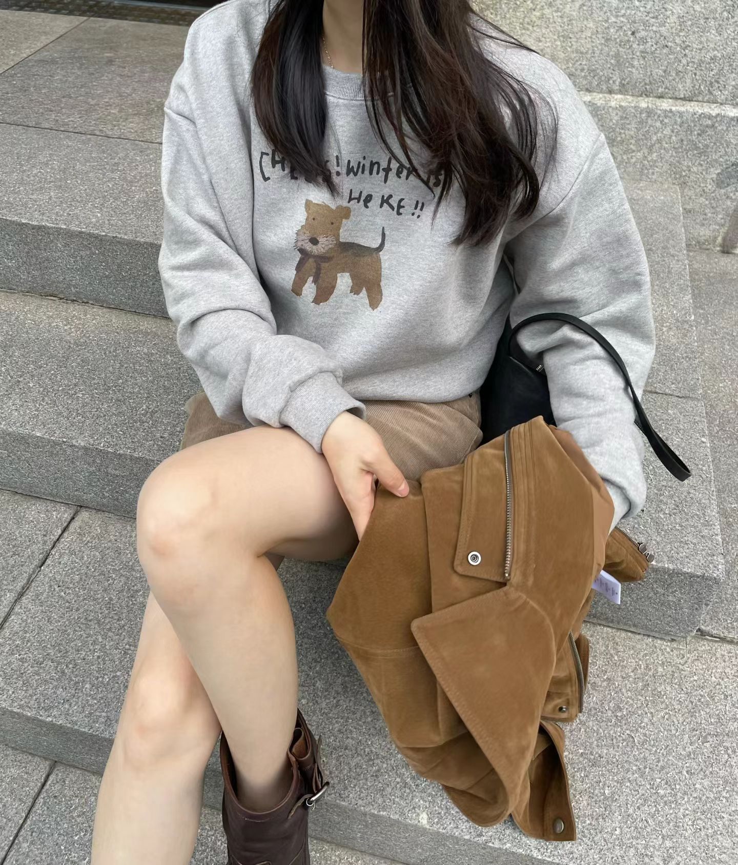 韩国东大门正品女装新款百搭显瘦圆领长袖卡通可爱小狗印花卫衣