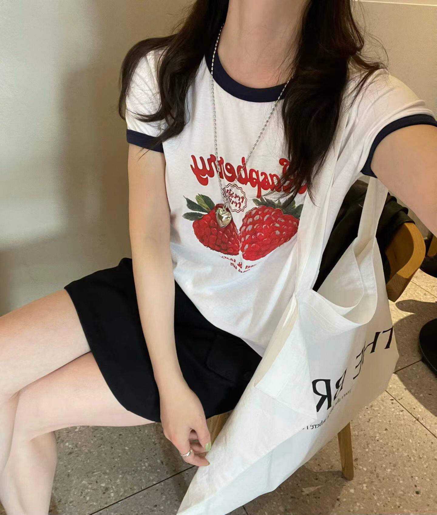 韩国东大门正品女装夏季新款圆领草莓字母印花短袖T恤时尚百搭ins