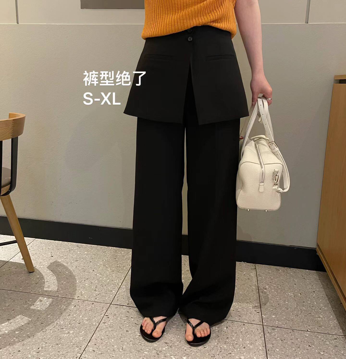 韩国东大门正品女装高腰显瘦直筒屁帘围裙假两件阔腿裤百搭休闲裤