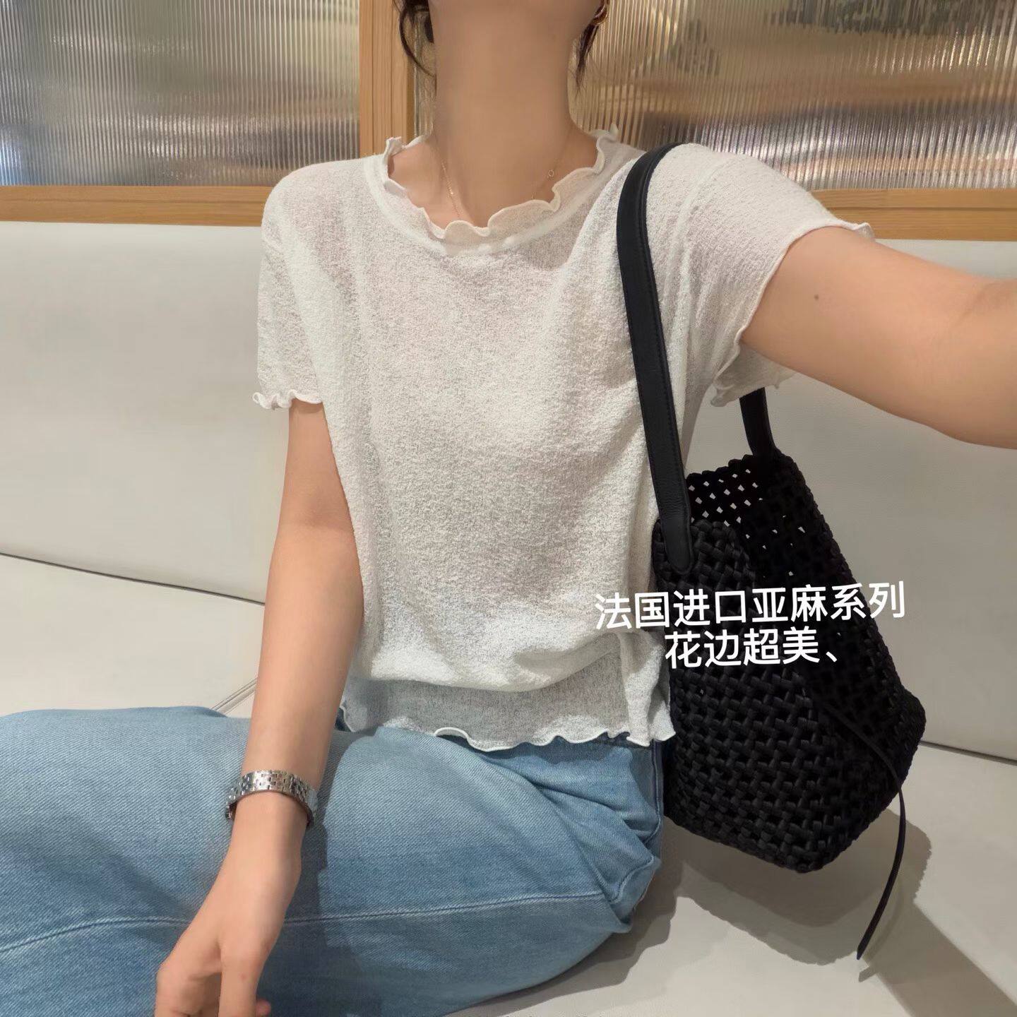 韩国东大门正品女装时尚百搭圆领木耳边短袖冰丝麻料T恤宽松显瘦