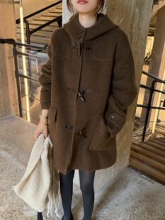 韩国东大门女装2026新百搭显瘦连帽牛角扣羊毛呢大衣外套ins