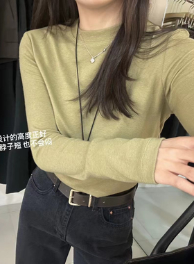 现！lemiu韩国东大门圆领简约纯色长袖打底衫女修身显瘦百搭上衣