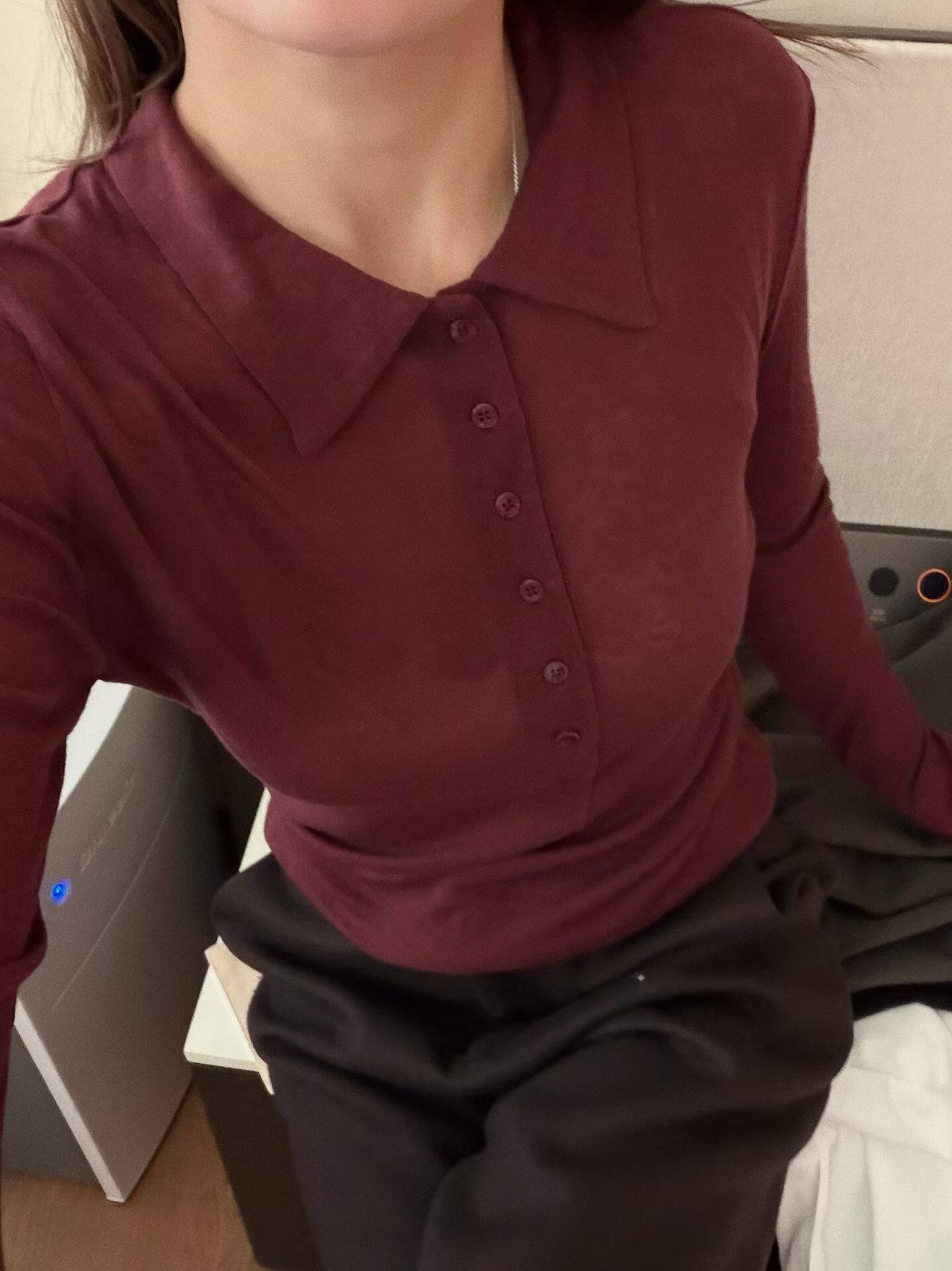 韩国东大门正品女装秋季新款百搭显瘦翻领纽扣长袖T恤上衣打底衫