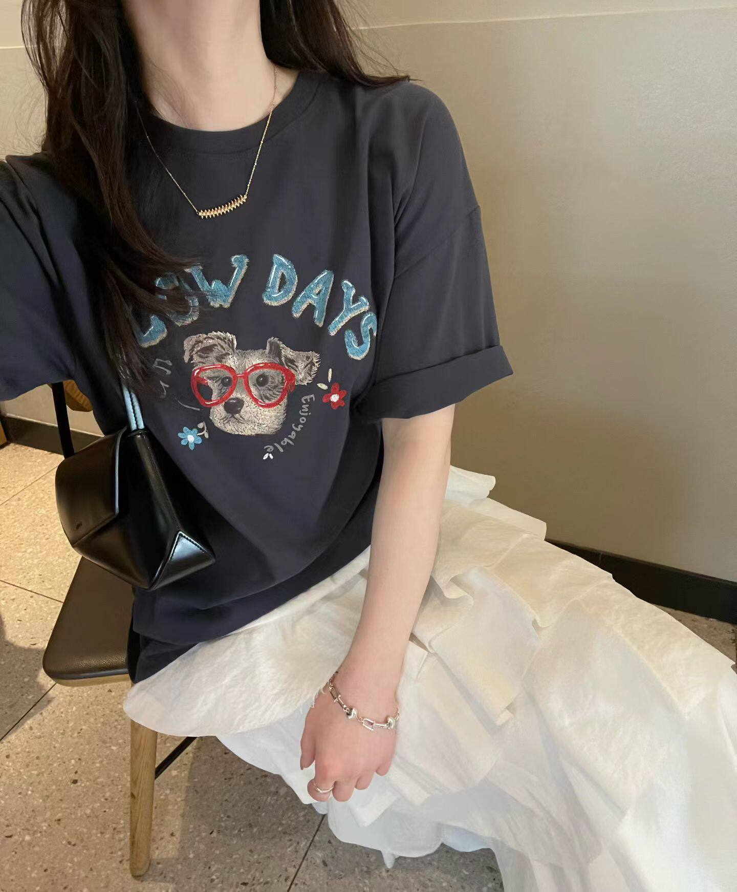韩国东大门女装2026春夏高品圆领字母印花眼镜小狗短袖T恤衫宽松