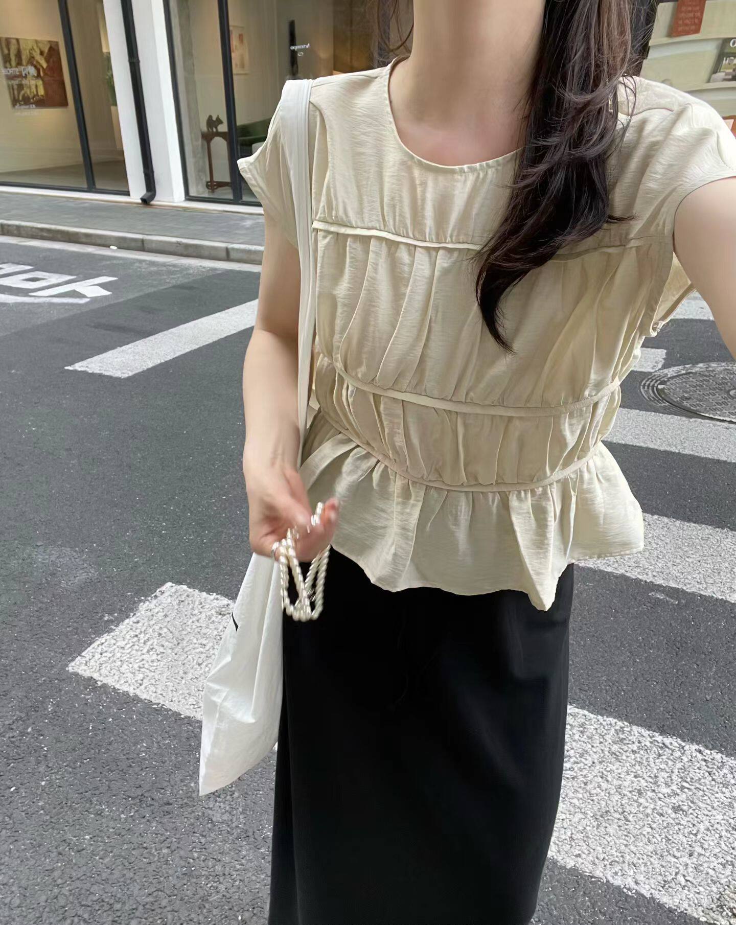韩国东大门正品女装百搭圆领多层褶皱包肩袖薄款后背系带衬衫上衣