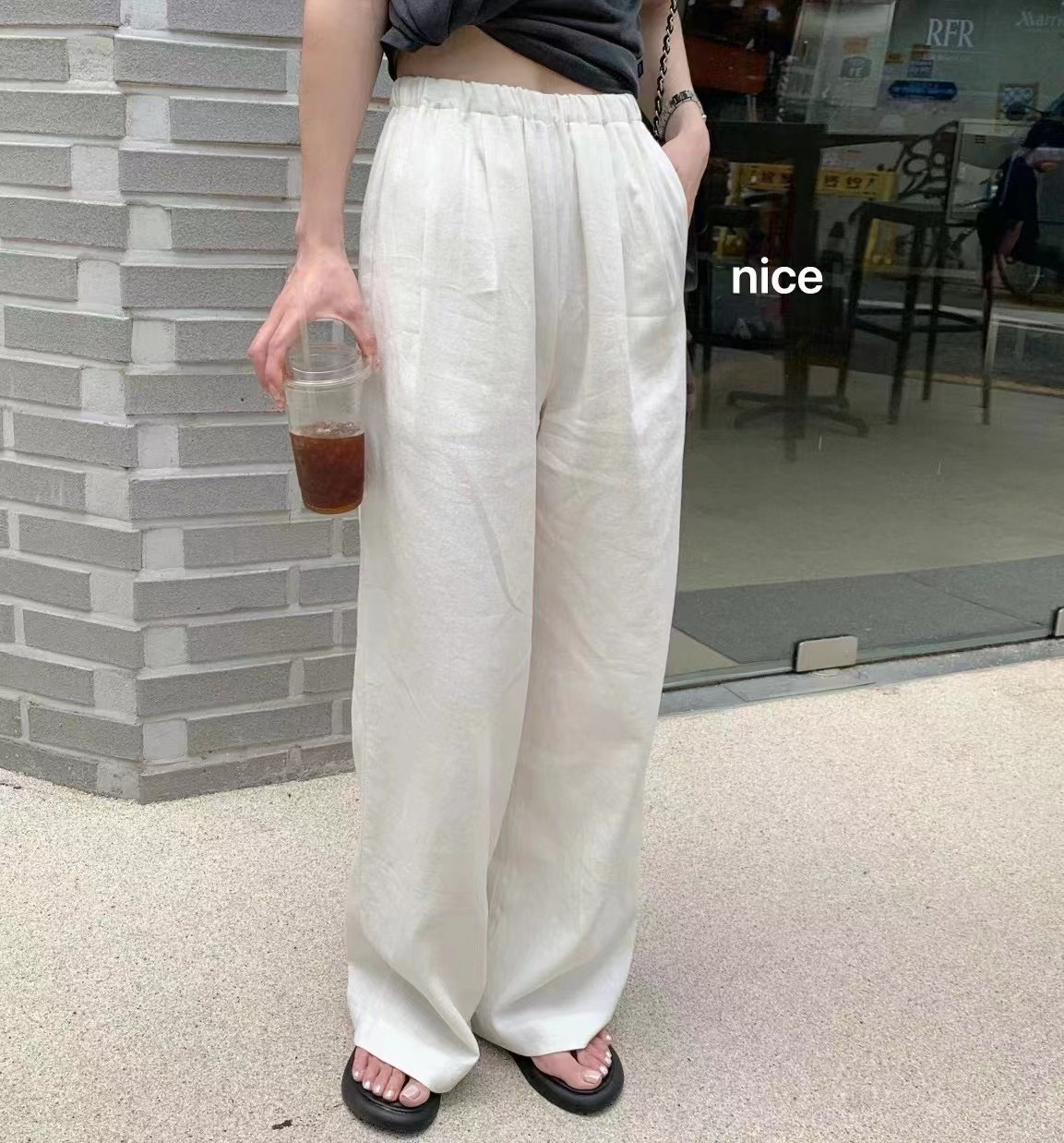 薄款棉麻纯白色全阔腿休闲裤
