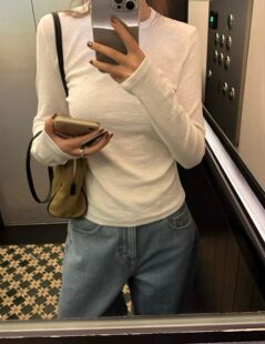 韩国东大门女装2026百搭显瘦圆领长袖白色竹节棉质打底T恤衫