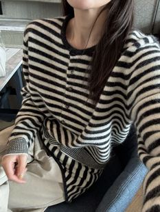 韩国东大门正品 上衣外套毛衣两件套披肩 2025百搭圆领条纹宽松长袖