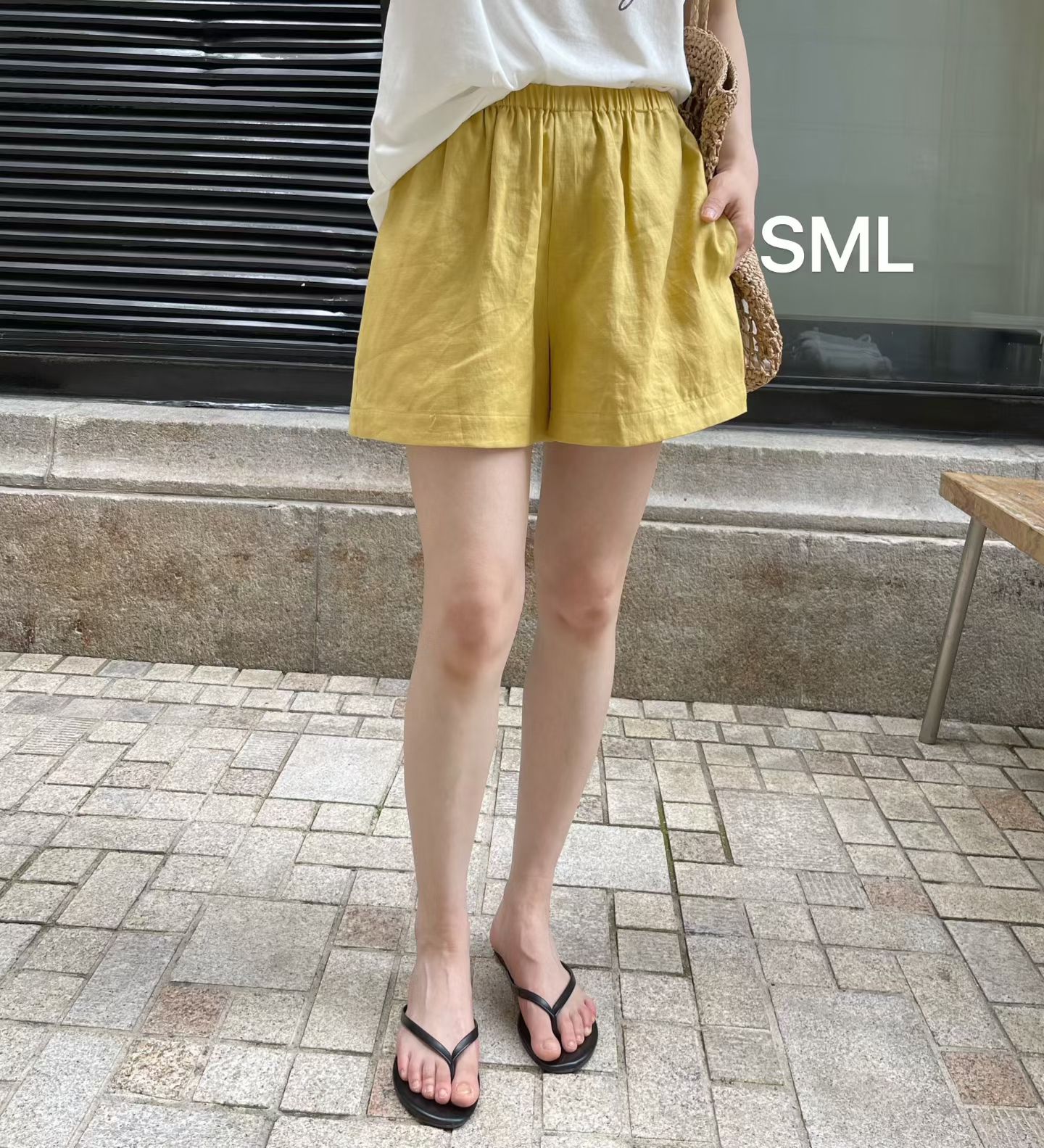 韩国东大门正品女百搭松紧腰麻料薄款阔腿裤宽松显瘦休闲短裤ins