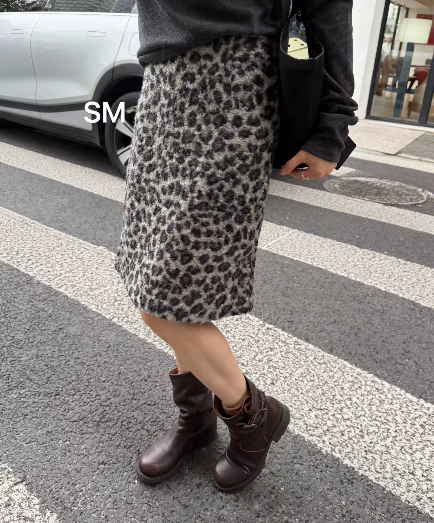 韩国东大门正品女装百搭显瘦豹纹高腰圈圈羊羔毛包臀裙半身中长裙