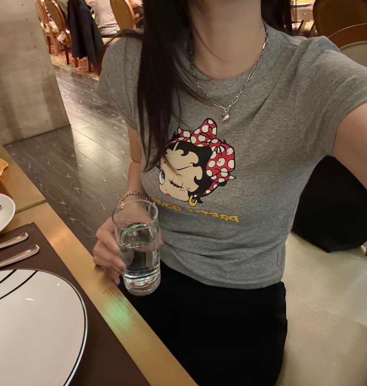 韩国东大门正品女装圆领短袖可爱贝蒂卡通印花T恤女宽松显瘦百搭