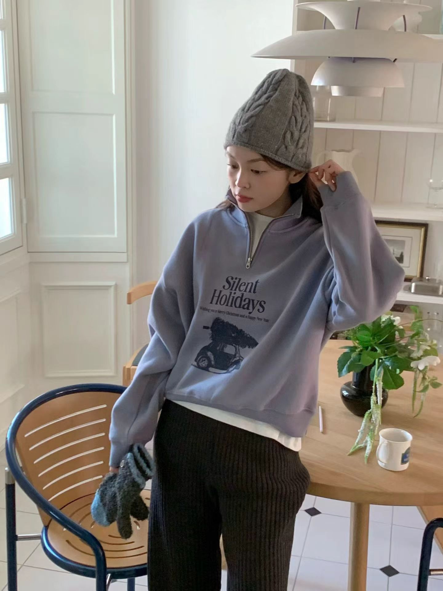 韩国东大门正品2025百搭半拉链立领宽松字母印花加绒卫衣女chic