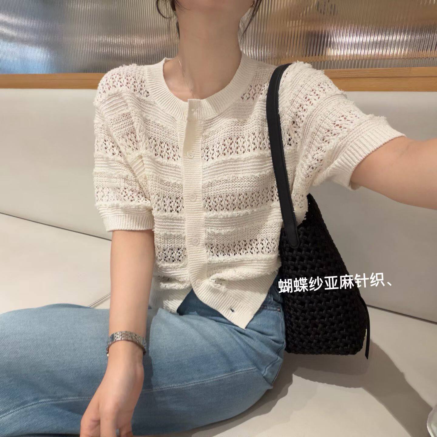韩国东大门正品女装时尚百搭圆领镂空亚麻冰线短袖T恤宽松显瘦ins
