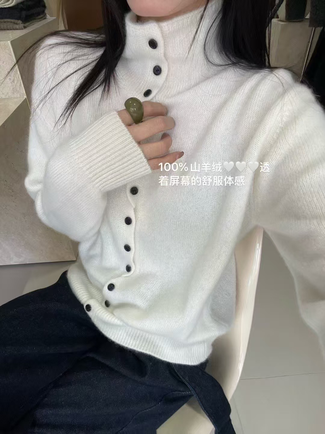 现！韩国东大门正品女装 冬季新高品质纽扣高领百分百山羊绒针织