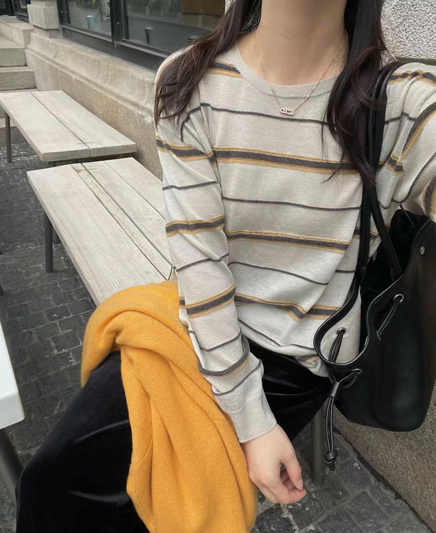 韩国东大门正品女装2026秋季新款百搭显瘦圆领长袖条纹针织衫毛衣