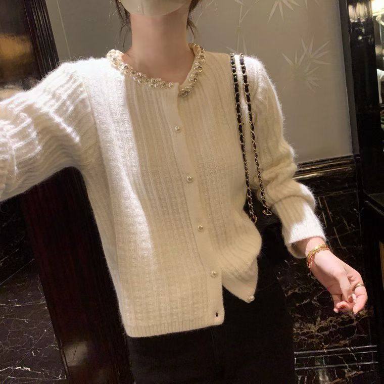 韩国东大门正品女装高品质圆领手工钉珠宽松显瘦毛衣外套上衣chic