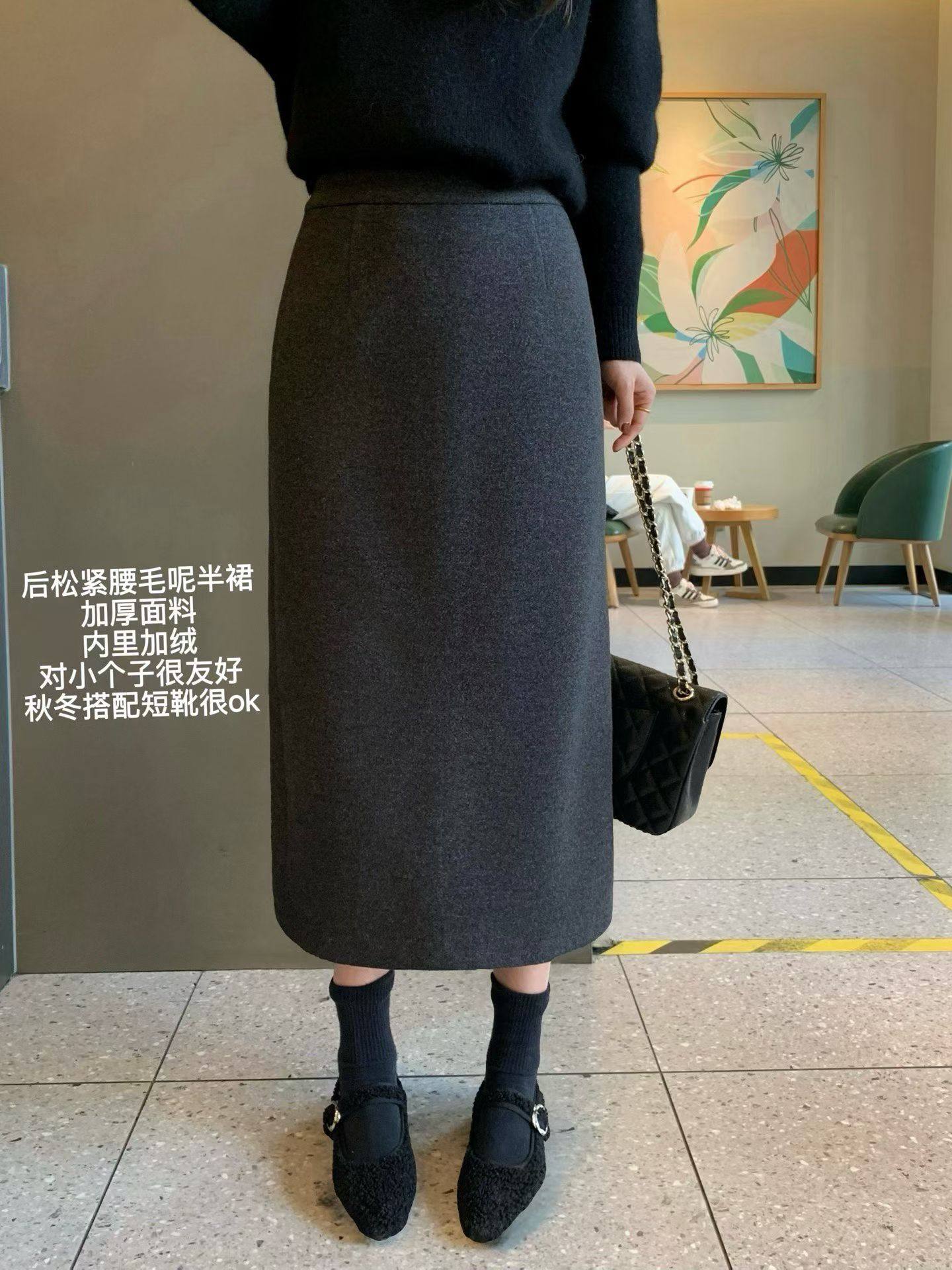 韩国东大门正品女高品质松紧宽松直筒毛呢小个子半身裙加绒加厚