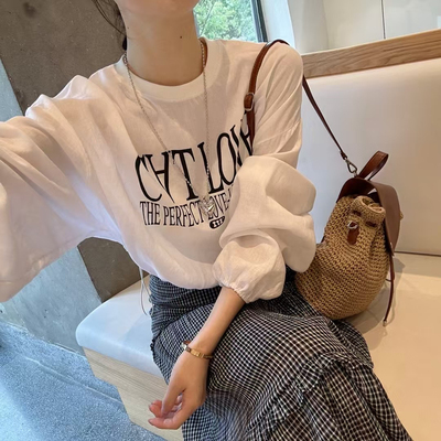 现韩国东大门正品女装夏高品质圆领字母印花卫衣套头棉麻薄款上衣