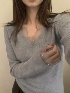 现！韩国东大门正品女装高品质V领蕾丝边针织衫精致气质年会显瘦