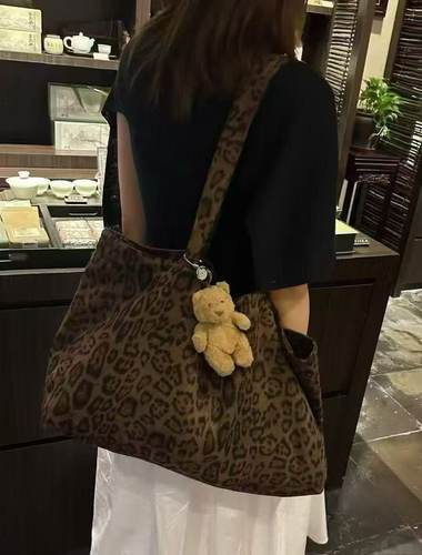 韩国东大门正品女装2025新款百搭豹纹帆布包单肩包手提包