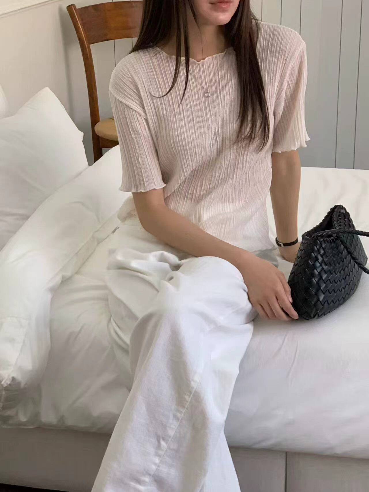 韩国东大门正品女圆领镂空木耳花边短袖T恤宽松显瘦百搭休闲上衣
