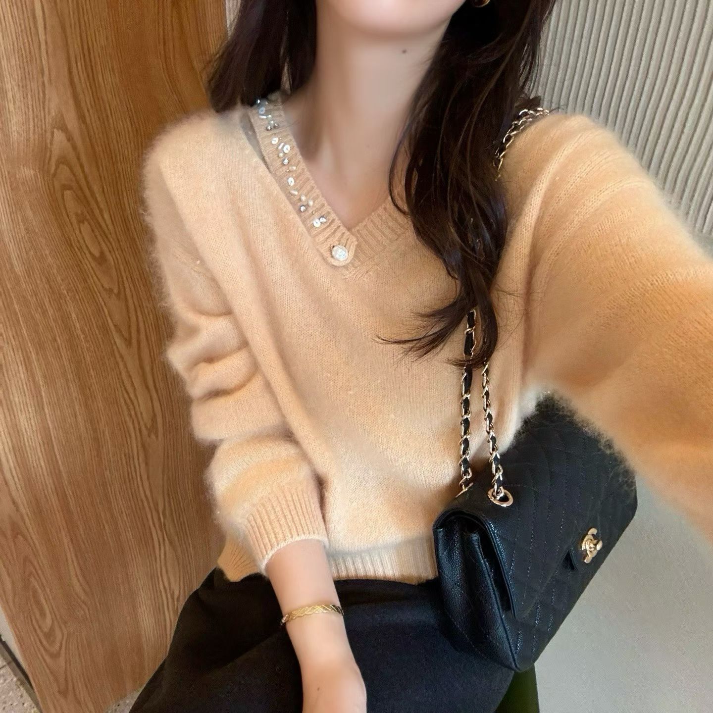 韩国东大门正品女装高品V领钉珠重工年会聚餐圣诞针织衫毛衣开衫