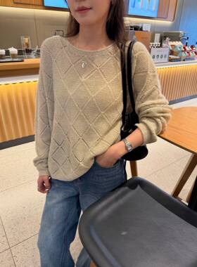 韩国东大门女装2026秋季百搭显瘦圆领亮丝镂空长袖针织衫毛衣
