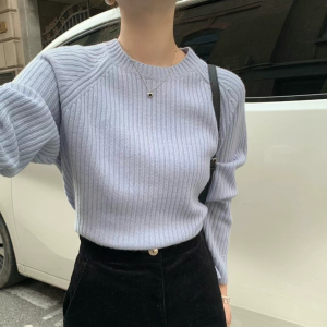 现！韩国东大门正品女装 冬季新款圆领长袖坑条纹羊毛针织衫chic