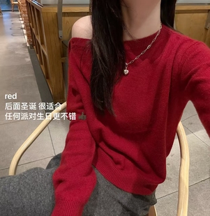 针织衫 2025百搭斜肩扣子调节条纹长袖 上衣毛衣 女装 韩国东大门正品