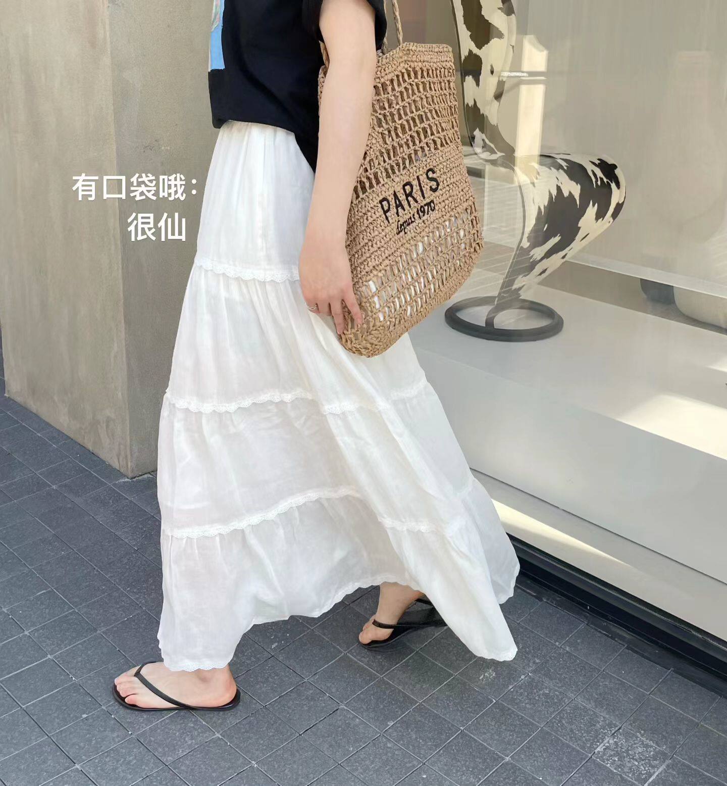 韩国东大门正品松紧腰蕾丝拼接薄款苎麻蛋糕裙半身裙垂感显瘦长裙