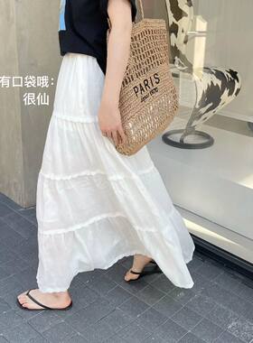 韩国东大门松紧腰蕾丝拼接薄款苎麻蛋糕裙半身裙垂感显瘦长裙