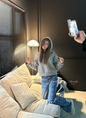 MJAMILA aw春夏新款纯色带钻连帽宽松百搭卫衣+短裤休闲小套装