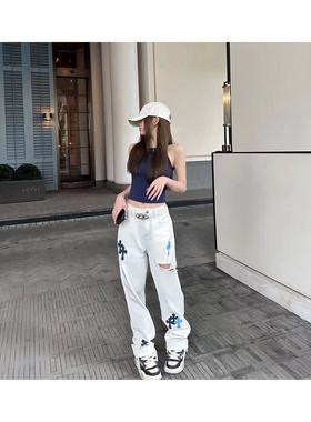 MJAMILA 23ss美式街头十字架长裤夏季高街宽松喇叭破洞牛仔直筒裤
