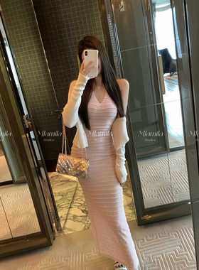 MJAMILA生日小礼裙高级感显瘦气质包臀挂脖长裙粉色V领挂脖连衣裙