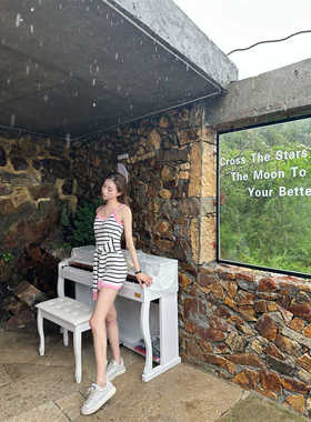 MJAMILA 撞色条纹假两件绑带吊带连衣裙24夏辣妹撞色收腰包臀短裙