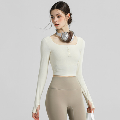 带胸垫瑜伽服秋款上衣修身显瘦方领普拉提训练跑步运动健身长袖女
